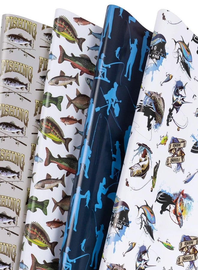 WRAPAHOLIC Fishing Wrapping Paper Sheet - 12 Sheets Folded Flat - Adventure Fishing and Fishhook 4 Design for Angler Fish Themed Birthday - 19.7 Inch X 27.6 Inch Per Sheet - Image 1